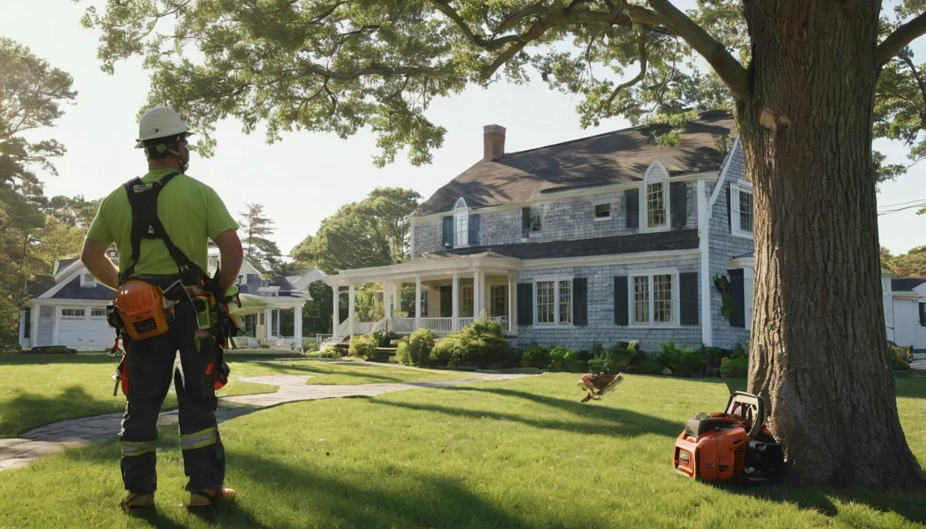 A tree removal provider working safely near a home in Burlington